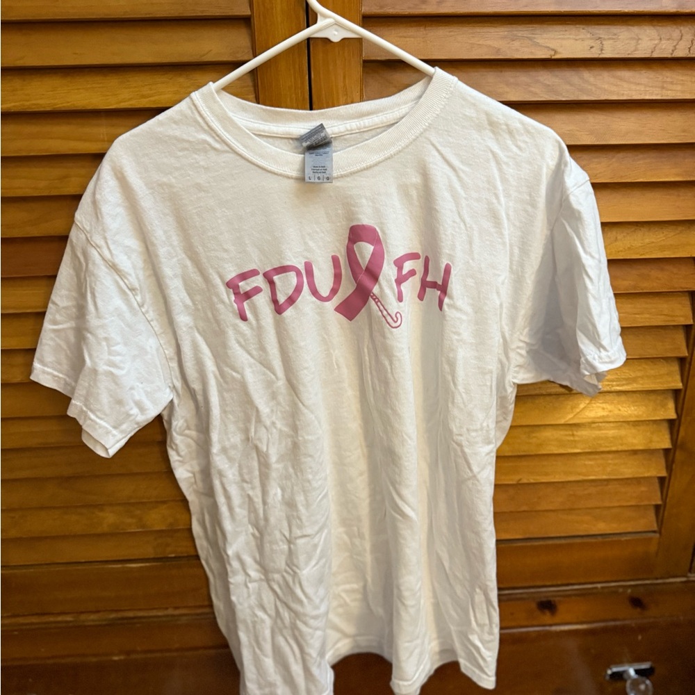 White T-Shirt with Pink Ribbon Design